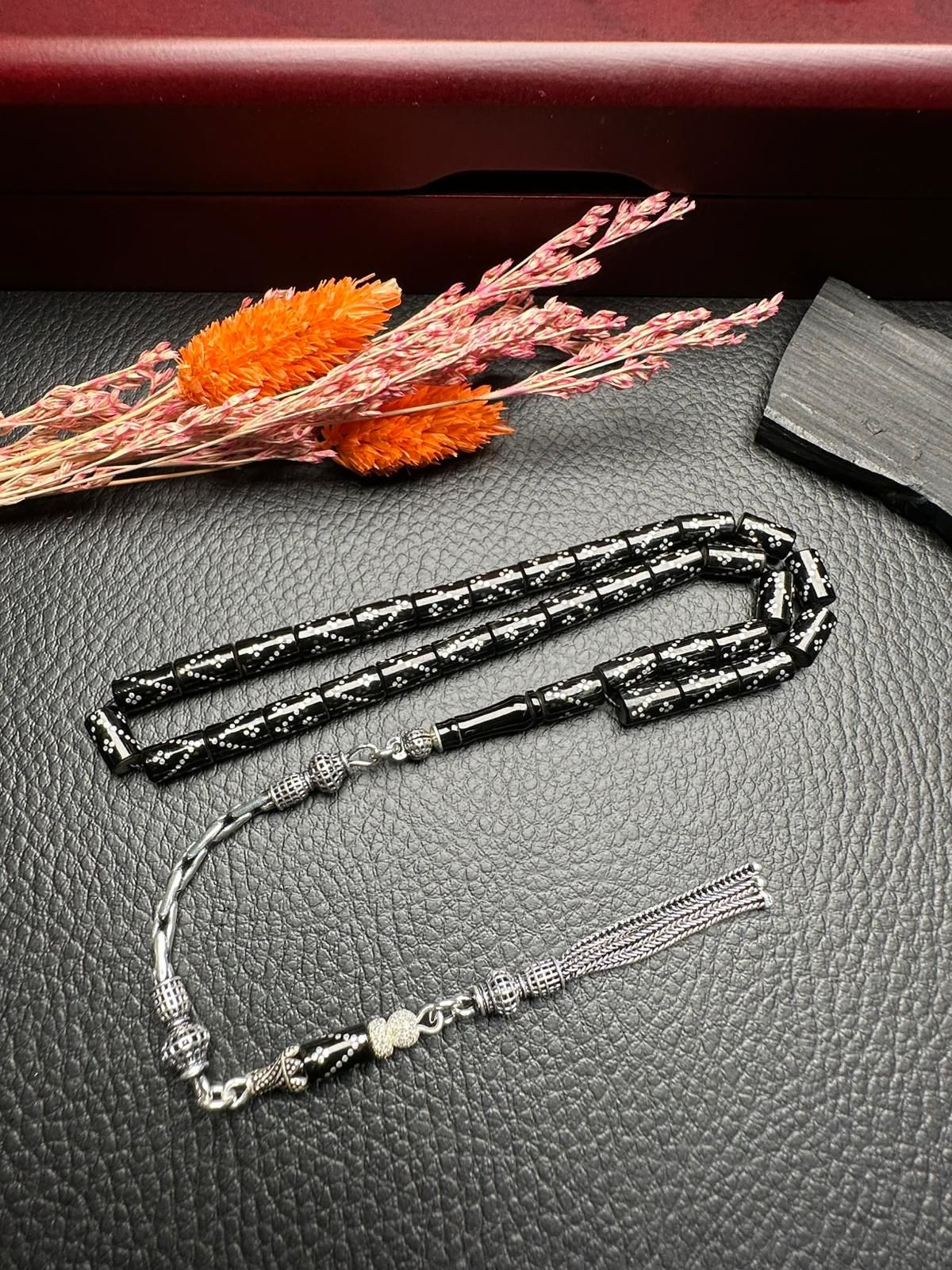 Kesme Model Gümüş  İşlemeli Erzurum Oltu Taşı Tesbih