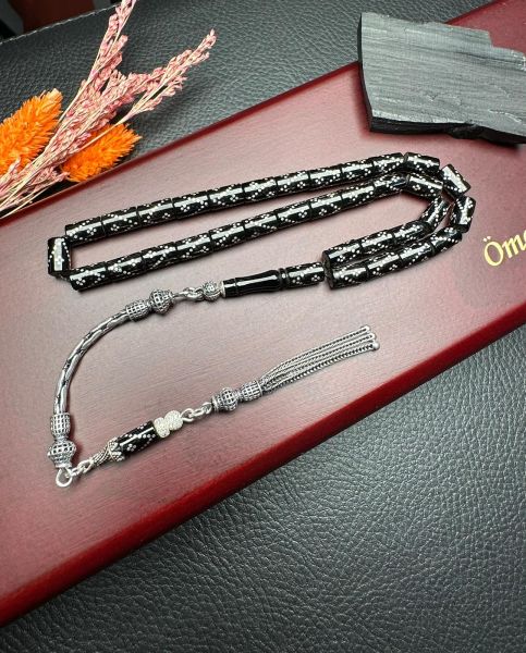 Kesme Model Gümüş  İşlemeli Erzurum Oltu Taşı Tesbih