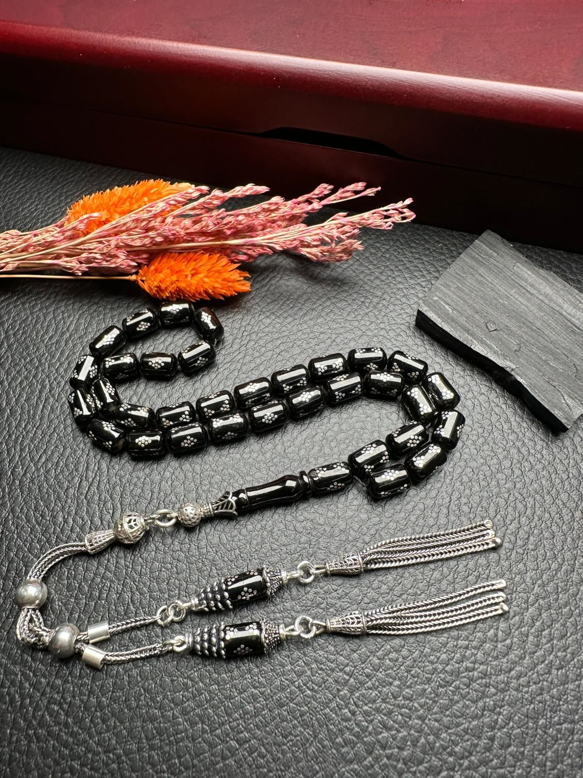 Gümüş  İşlemeli Erzurum Oltu Taşı Tesbih