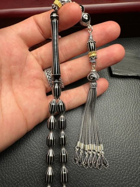 Gümüş Yarma İşlemeli Erzurum Oltu Taşı Tesbih