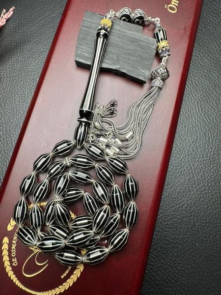 Gümüş Yarma İşlemeli Erzurum Oltu Taşı Tesbih