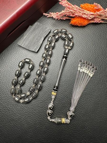 Gümüş Yarma İşlemeli Erzurum Oltu Taşı Tesbih