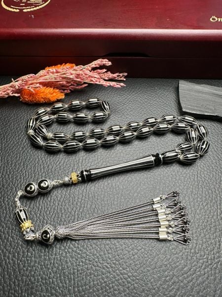 Gümüş Yarma İşlemeli Erzurum Oltu Taşı Tesbih