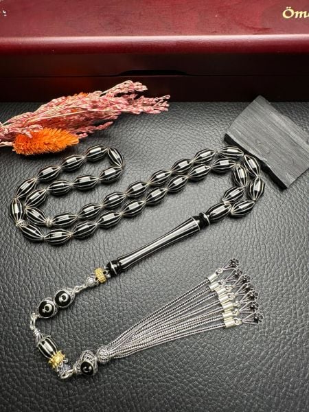 Gümüş Yarma İşlemeli Erzurum Oltu Taşı Tesbih