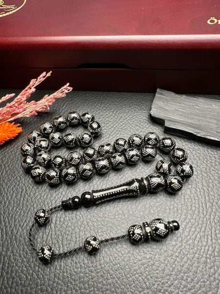 Piramit Gümüş İşlemeli Erzurum Oltu Taşı Tesbih