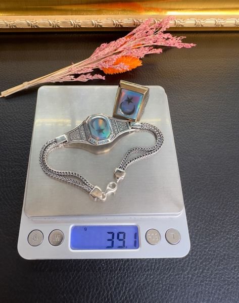 Kapsül Model Mavi Renk Sentetik Opal Tesbih ve Gümüş Set