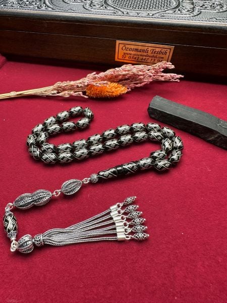 Kapsül Model Gümüş İşlemeli Erzurum Oltu Taşı Tesbih