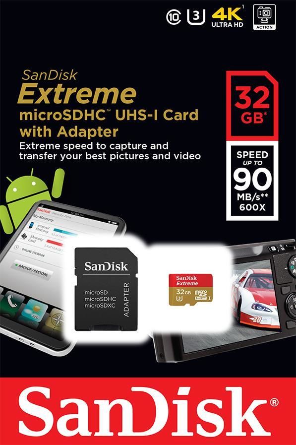 SANDISK Extreme 32GB 90mb/s MicroSDHC Hafıza Kartı