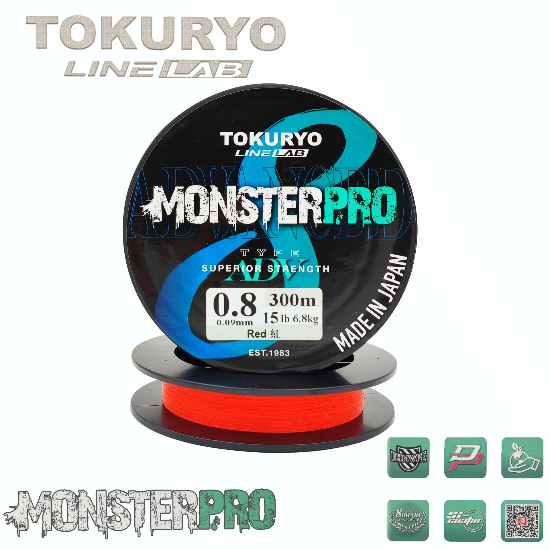 TOKURYO LINE LAB MONSTERPRO X8 0.8pe 0.09mm 15Ib 6.8kg Red 300mt
