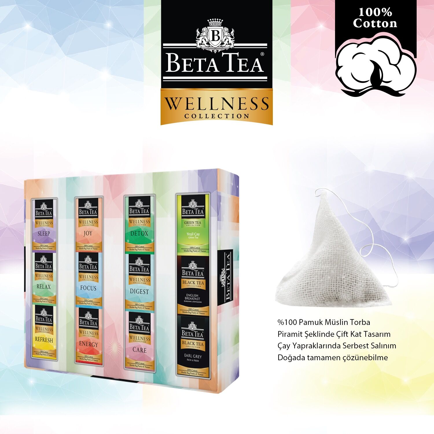 Beta Tea Wellness Müslin %100 Doğal Pamuk Dokuma Karma Çay Seti 12'li