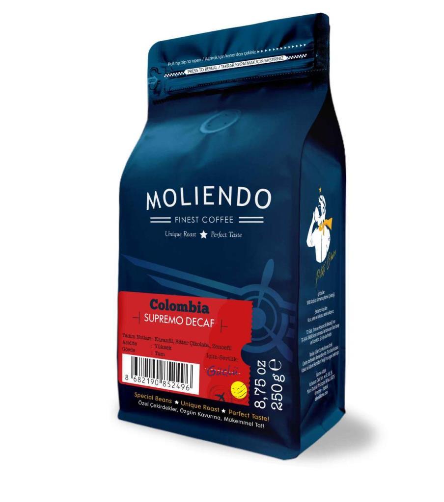 Moliendo Colombia Supremo decaf (decaffeinated) coffee Local 250 gr.