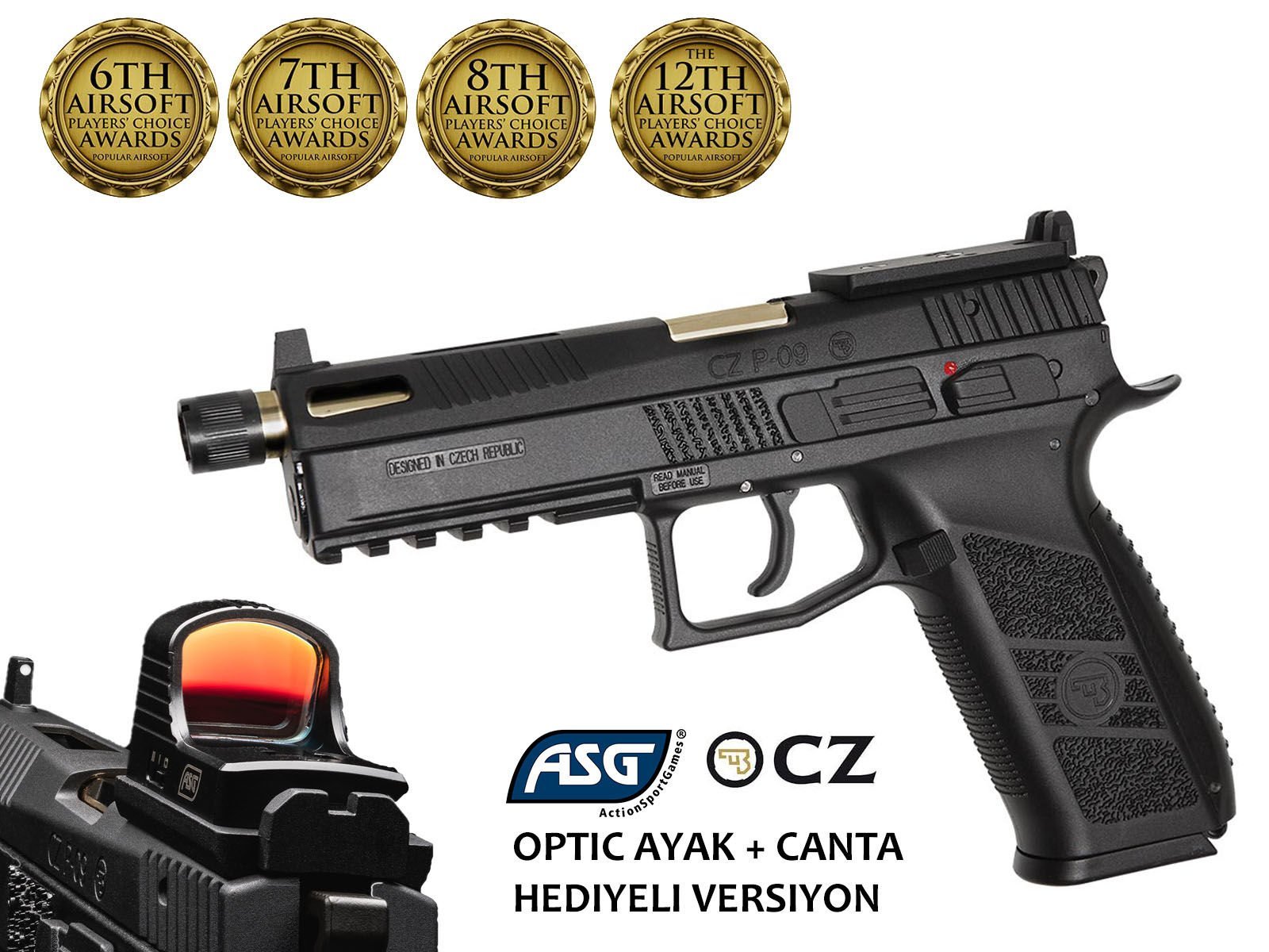 CZ P09 OPTIC AYAK VE CANTALI SİYAH BLOWBACK CO2 AIRSOFT TABANCA