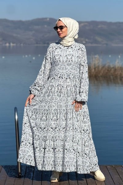 Pınar Gri Desenli Elbise