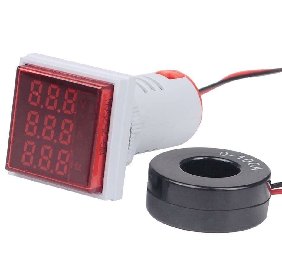 Dijital Voltmetre /Ampermetre / Hertz metre 22mm Kare Kırmızı (50-500v/0-100a/0-99hz)