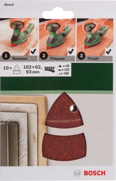 Bosch - Multi Zımpara Kağıdı 10'lu Set, 102 x 62/93 mm 40/120/180 Kum 11 Delik