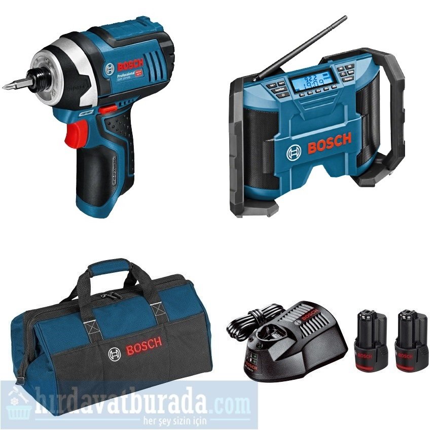 BOSCH GDR 12V-105 Akülü Darbeli Somun Sıkma + GPB 12V-10 Akülü Şantiye Radyosu