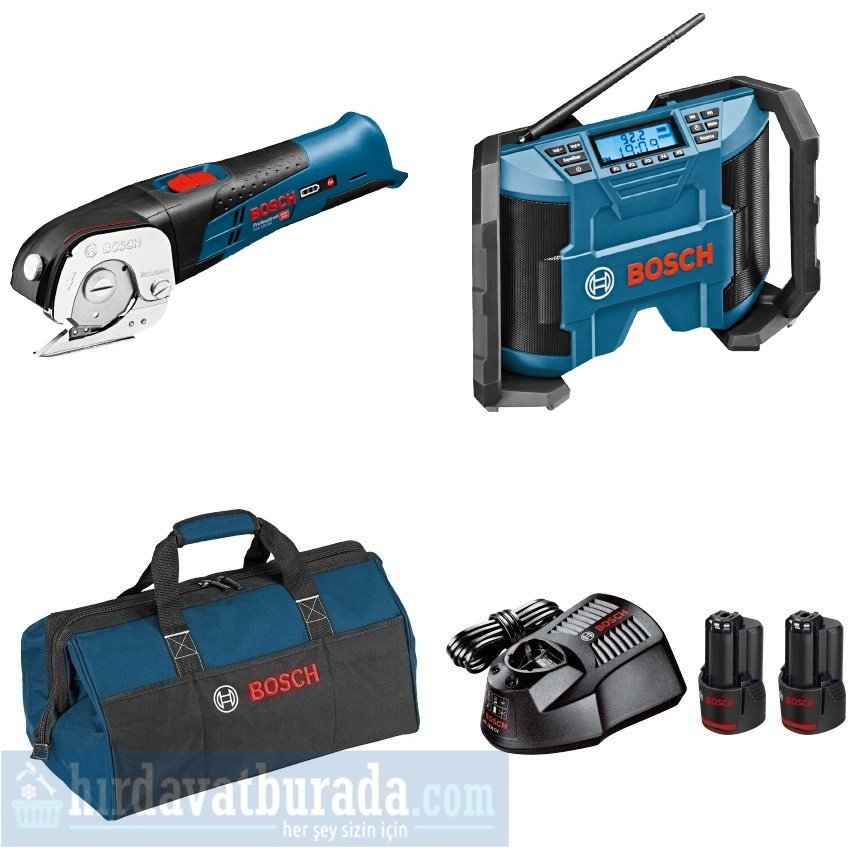 BOSCH GUS 12V-300 Akülü Üniversal Makas + GPB 12V-10 Akülü Şantiye Radyosu