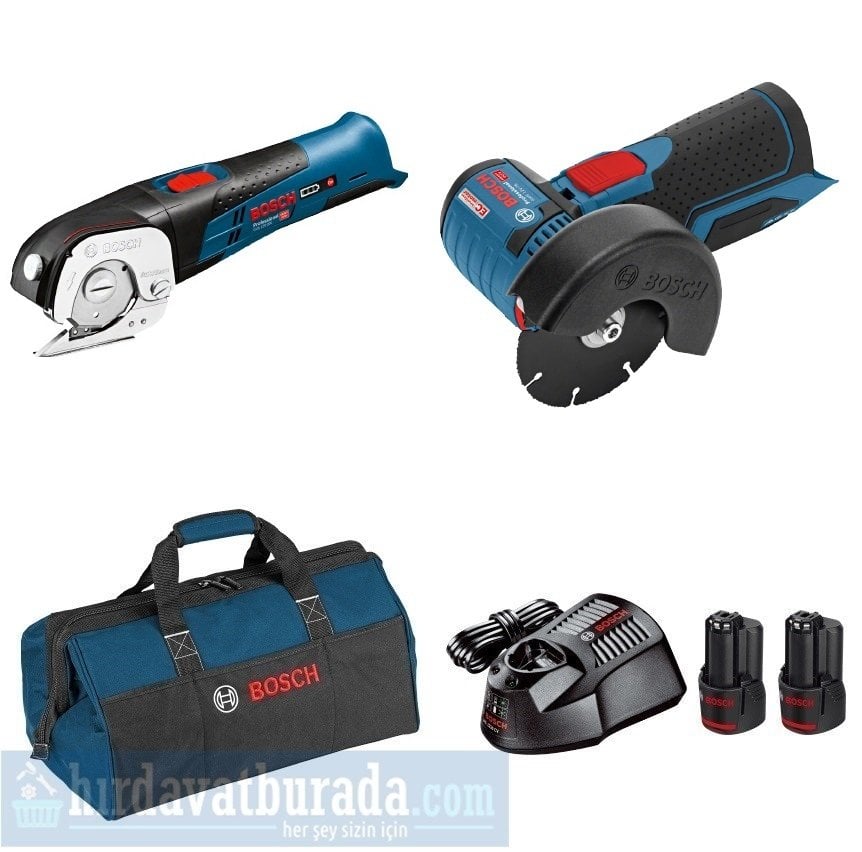 BOSCH GUS 12V-300 Akülü Üniversal Makas + GWS 12V-76 Akülü Taşlama Makinası