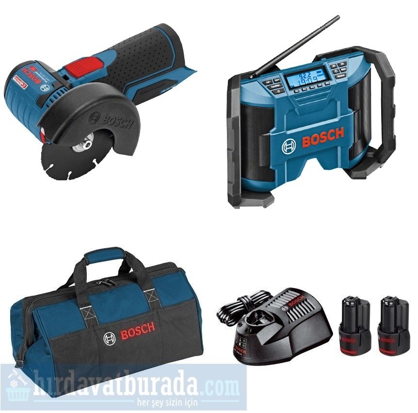 BOSCH GWS 12V-76 Akülü Taşlama Makinası + GPB 12V-10 Akülü Şantiye Radyosu