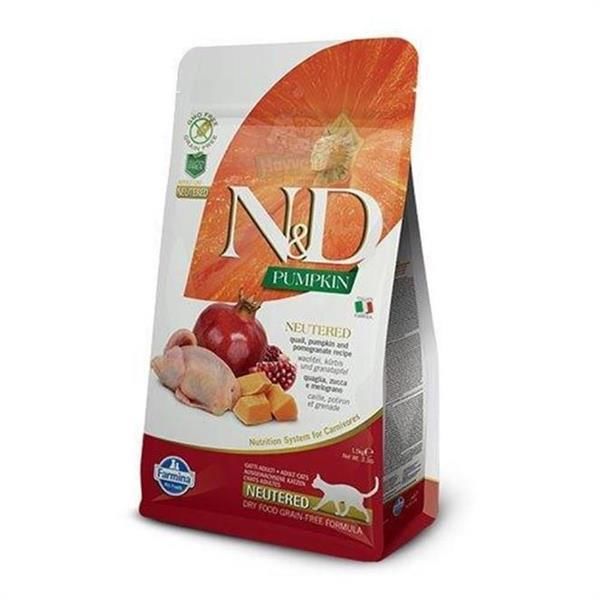 N&D Tahılsız Bal Kabağı, Bıldırcın Etli ve Narlı Kısırlaştırılmış Kedi Maması 1,5 Kg