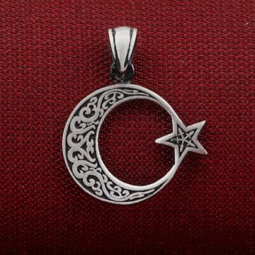 Ay Yıldız Tasarımlı Desenli 925 Ayar Gümüş Kolye Ucu