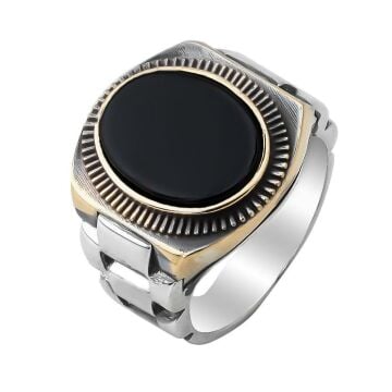 Saat Kordonu Tasarımlı Siyah Oniks Taşlı 925 Ayar Gümüş Yüzük