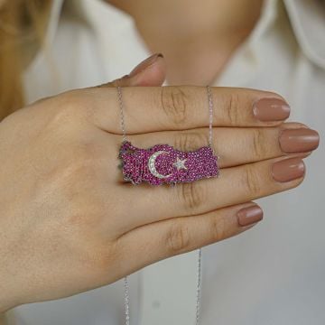 Şanlı Ay Yıldız Tasarımlı Türkiye Haritalı 925 Ayar Gümüş Kadın Kolye