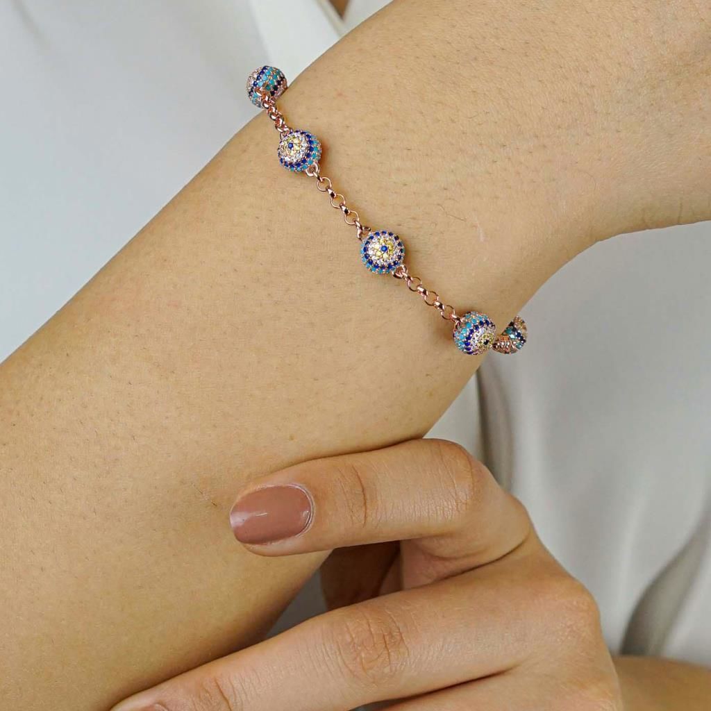 Nazar Boncuğu Tasarımlı Rose Renk 925 Ayar Gümüş Kadın Bileklik