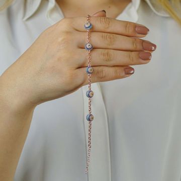 Nazar Boncuğu Tasarımlı Rose Renk 925 Ayar Gümüş Kadın Bileklik