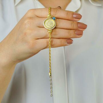 Tuğra Tasarımlı Halat Zincirli Nazarlı Altın Kaplamalı 925 Ayar Gümüş Kadın Bileklik