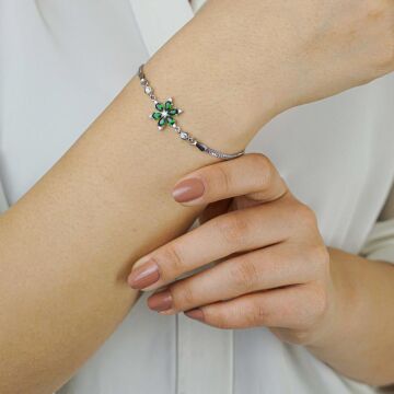 Yeşil Lotus Çiçeği Tasarımlı 925 Ayar Gümüş Kadın Bileklik