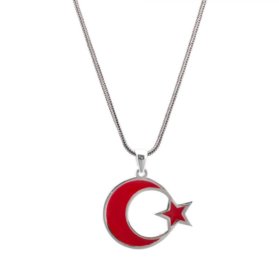 925 Ayar Gümüş Kırmızı Renk Ay Yıldız Erkek Kolye