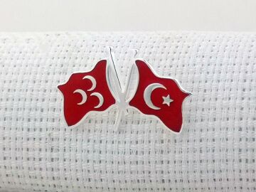 Türk Bayrağı ve Üç Hilal Tasarımlı 925 Ayar Gümüş Rozet Yaka İğnesi