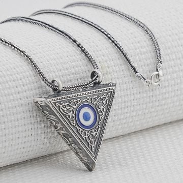 Nazar Boncuğu Tasarımlı Gümüş Üçgen Muska Kabı Kalın Zincirli