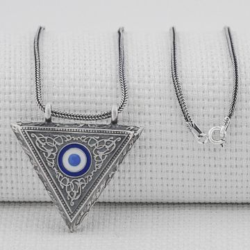 Nazar Boncuğu Tasarımlı Gümüş Üçgen Muska Kabı Kalın Zincirli