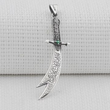 Yeşil Taşlı Zülfikar Kılıç Tasarımlı 925 Ayar Gümüş Kolye Ucu
