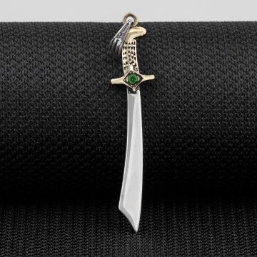 Moğol Kılıcı Yeşil Zirkon Taşlı Parlak Gümüş Kolye Ucu
