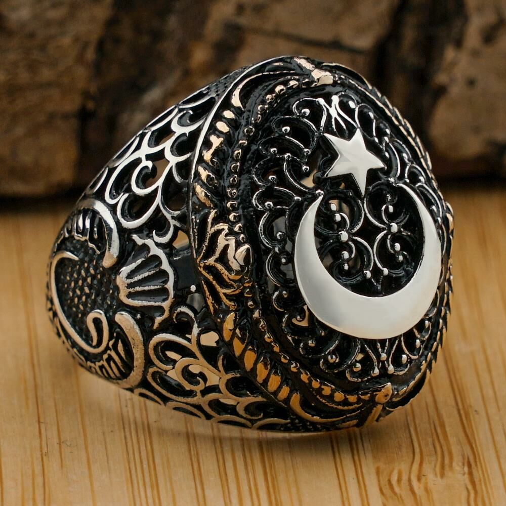 Ay Yıldız Tasarımlı Vav Figürlü 925 Ayar Gümüş Yüzük