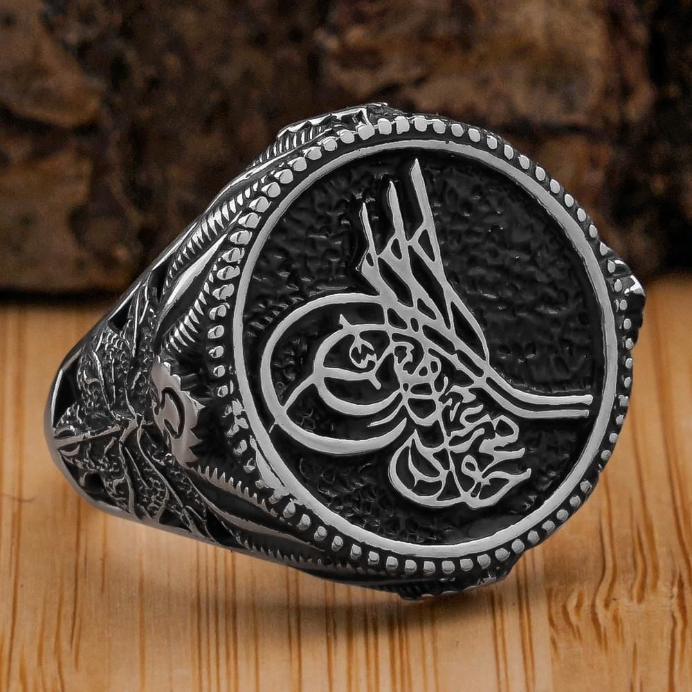 Osmanlı Tuğralı Yaprak Motifli Yuvarlak 925 Ayar Gümüş Yüzük