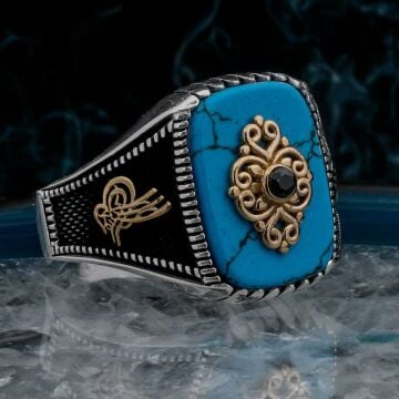 Osmanlı Tuğra Tasarımlı İşlemeli Mavi Turkuaz Taşlı 925 Ayar Gümüş Erkek Yüzük