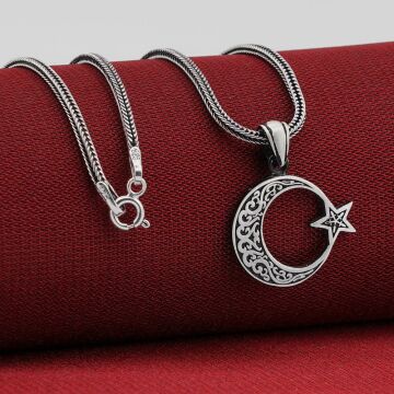 Ay Yıldız Tasarımlı Desenli 925 Ayar Gümüş Kolye