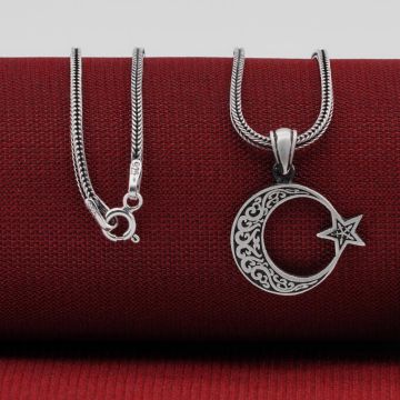 Ay Yıldız Tasarımlı Desenli 925 Ayar Gümüş Kolye