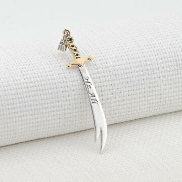 Hz Ali Zülfikar Kılıcı Tasarımlı Yeşil Beyaz Taşlı 925 Ayar Gümüş Kolye Ucu