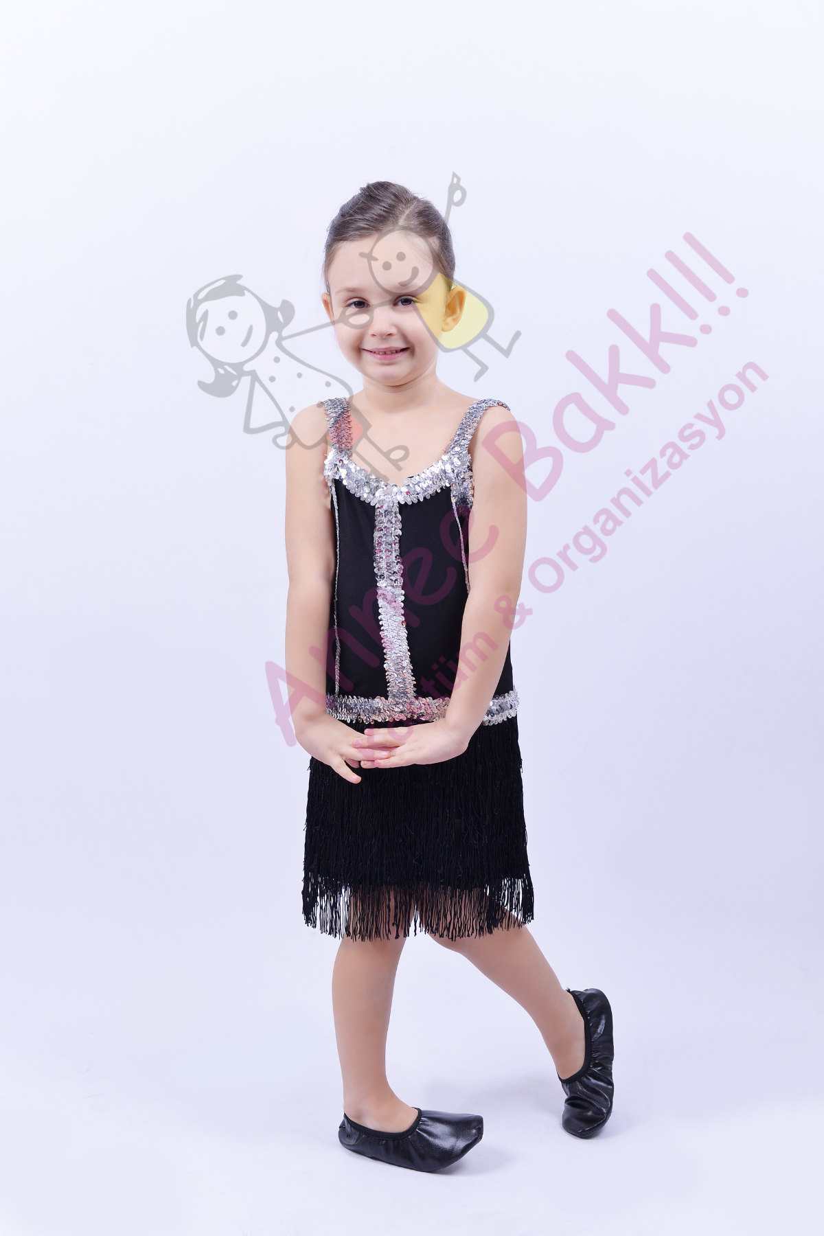 Siyah Renk Püsküllü Dans Kostümü, Kız Çocuklarına Özel Püsküllü Dans Kıyafeti