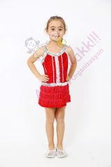 Kırmızı Renk Püsküllü Dans Kostümü, Kız Çocuk Pullu Dans Kıyafeti, Hızlı Kargo