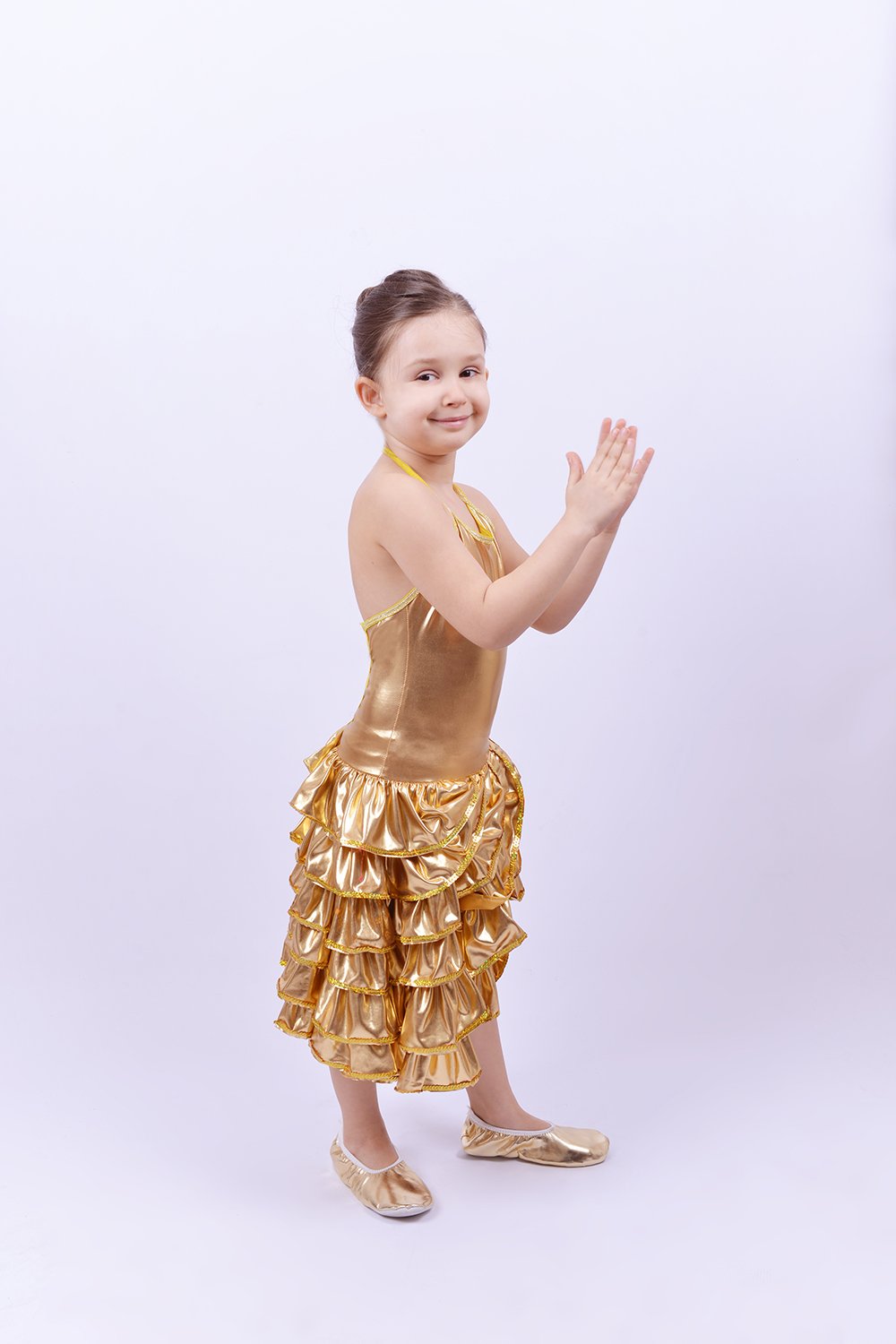 Gold Renk Fırfırlı Dans Kostümü, Kız Çocuk Fırfırlı Dans Kıyafeti, Hızlı Kargo