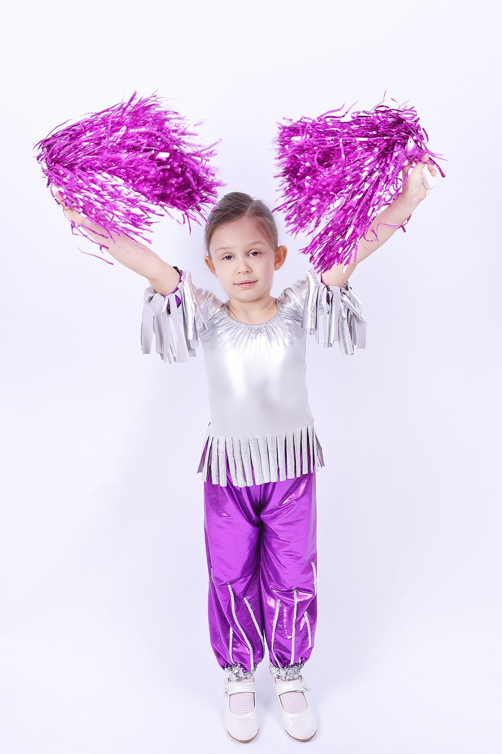 Modern Dans Kostümü Kız Çocuk, Püsküllü Mor ve Gümüş Renk Modern Dans Kıyafeti