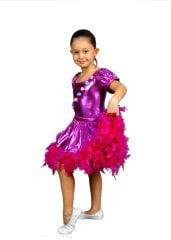 Fuşya Renk Tüylü Dans Kostümü, Kız Çocuk Dans Kostümü, Hızlı Kargo
