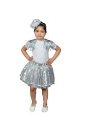Gümüş Renk Dans Etek Takımı, Kız Çocuk Dans Kostümü, Pullu Dans Kıyafeti