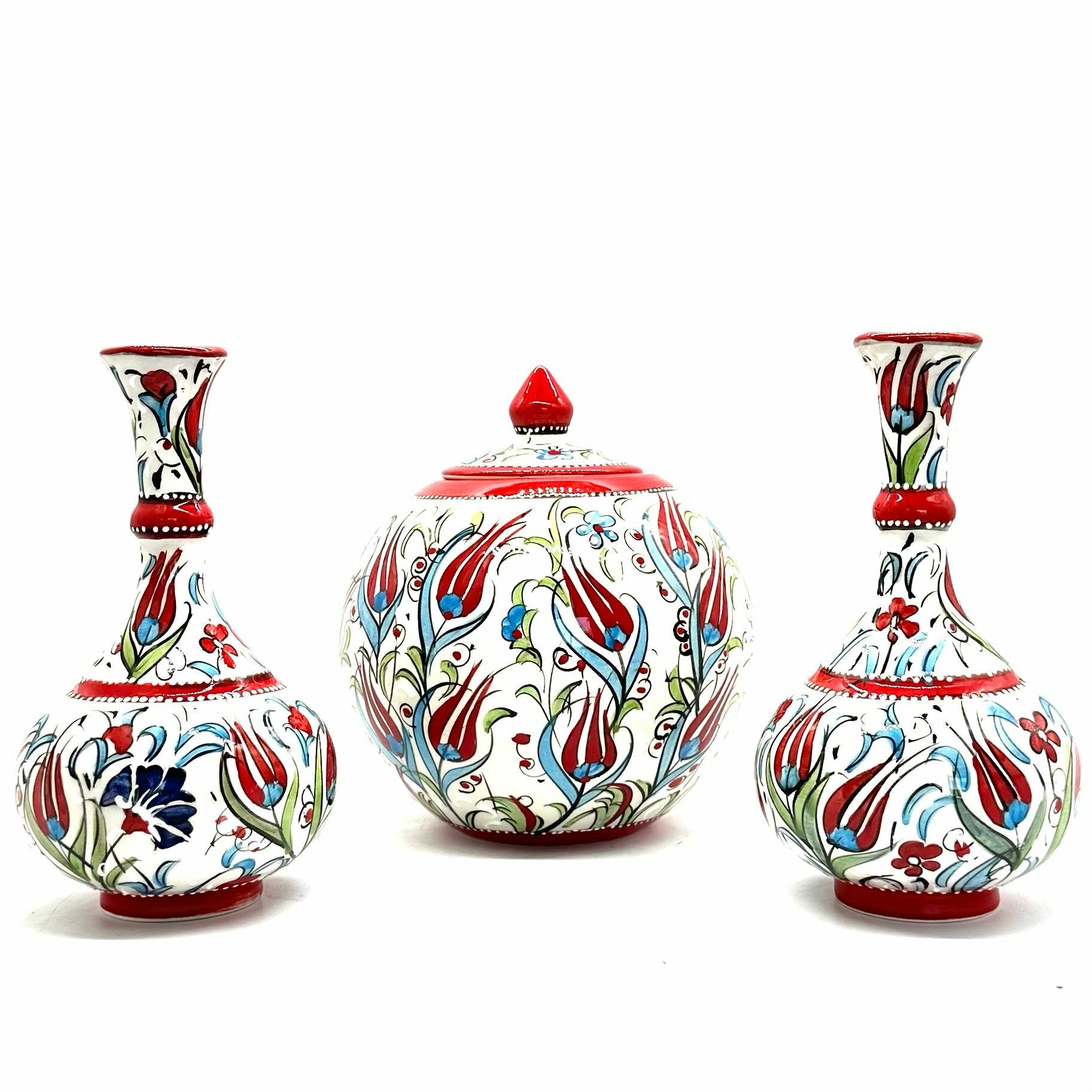 Oğuz Çini Dekoratif  Modern Ev Süsü Seramik 20 cm Kırmızı Küp Set